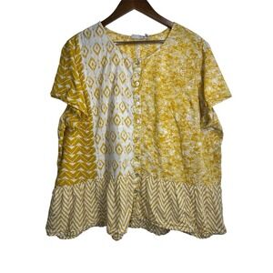 Logo by Lori Goldstein Women's Plus Size 2XTop Yellow Button Up Multi Patterned